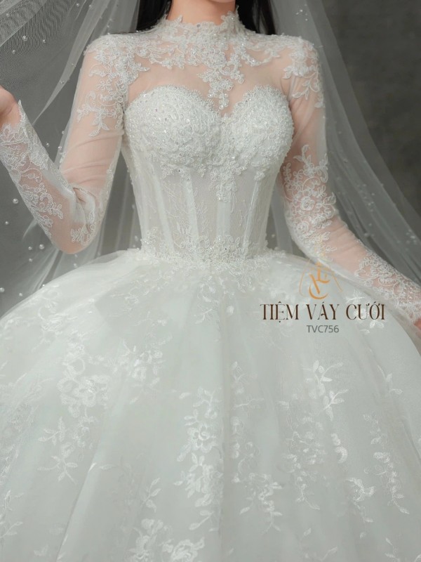 TVC756 Váy Cưới Làm Lễ, Váy Cưới Tiệc Cúp Ngực, Dài Tay, Kim Sa