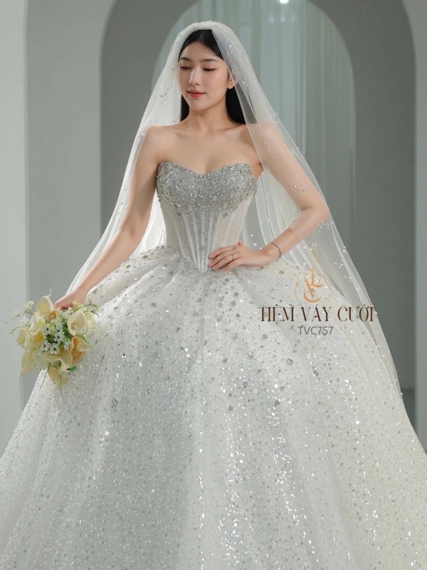TVC757 Váy Cưới Làm Lễ, Đầm Cưới Cao Cấp, Cúp Ngực, Xếp Ly