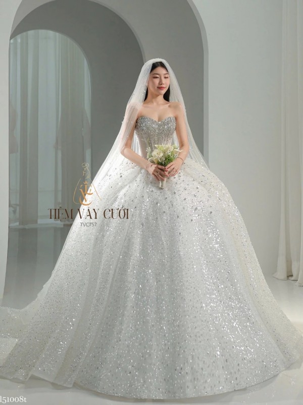 TVC757 Váy Cưới Làm Lễ, Đầm Cưới Cao Cấp, Cúp Ngực, Xếp Ly