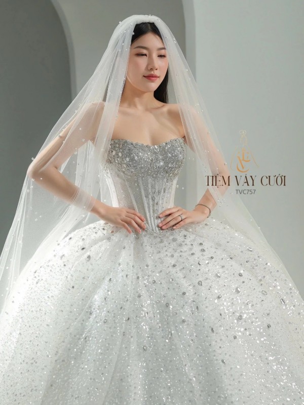 TVC757 Váy Cưới Làm Lễ, Đầm Cưới Cao Cấp, Cúp Ngực, Xếp Ly