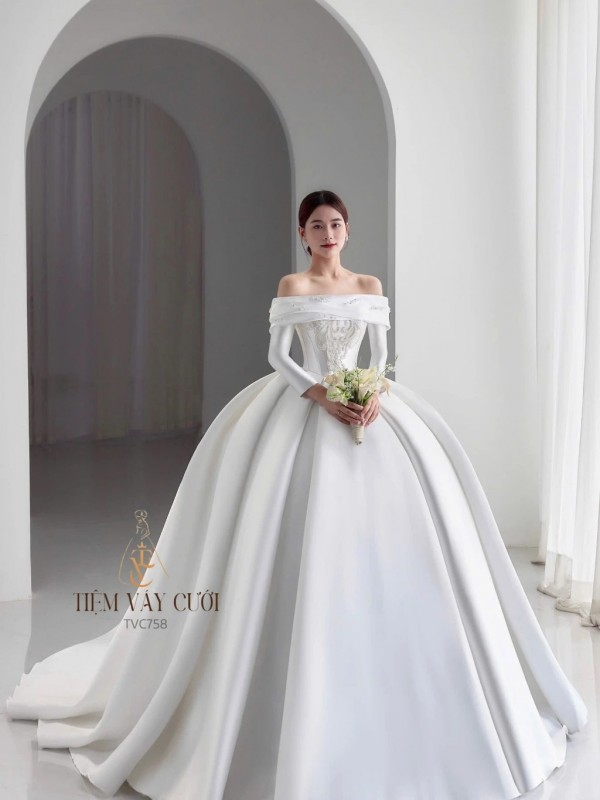 TVC758 Váy Cưới Làm Lễ, Đầm Cưới Đi Tiệc, Dài Tay, Bệt Vai Ngang, Dáng Xoè