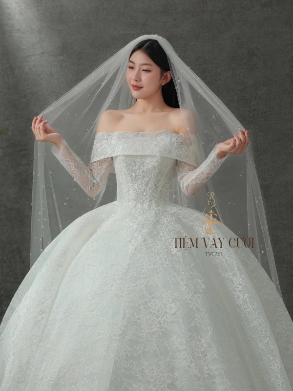 TVC761 Váy Cưới Làm Lễ, Đầm Cưới Đi Tiệc, Tay Dài, Bệt Vai Ngang, Tùng Bồng