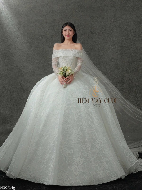 TVC761 Váy Cưới Làm Lễ, Đầm Cưới Đi Tiệc, Tay Dài, Bệt Vai Ngang, Tùng Bồng