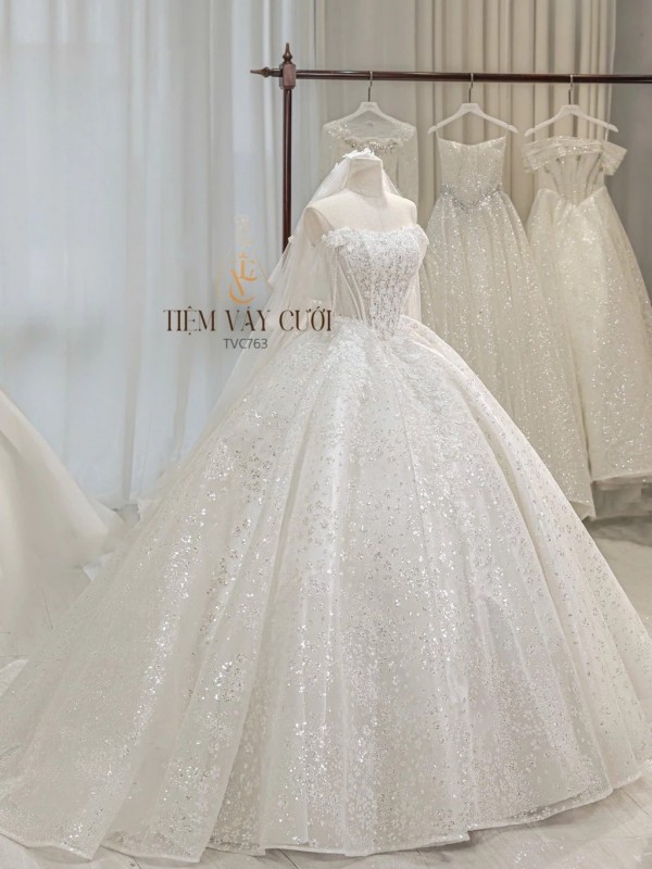 TVC763 Váy Cưới Làm Lễ, Đầm Cưới Đi Tiệc, Đính Hoa 3D, Cúp Ngực