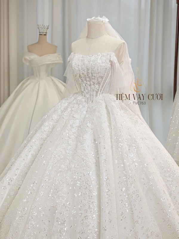TVC763 Váy Cưới Làm Lễ, Đầm Cưới Đi Tiệc, Đính Hoa 3D, Cúp Ngực