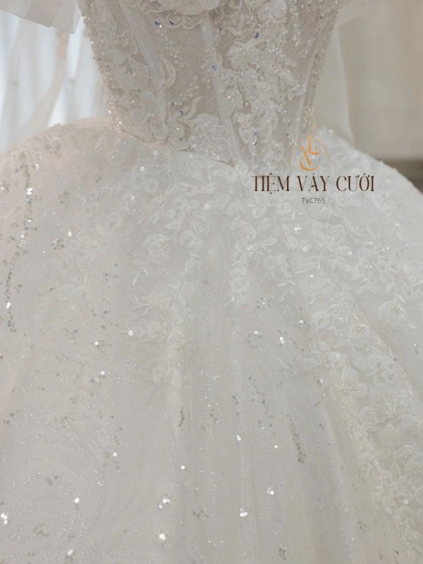 TVC765 Váy Cưới Làm Lễ, Đầm Cưới Cúp Ngực, Choàng Rời, Lấp Lánh