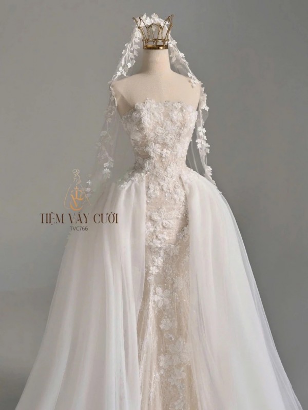 TVC766 Váy Cưới Đi Bàn, Đầm Cưới Đuôi Cá, Cúp Ngực, Xếp Ly