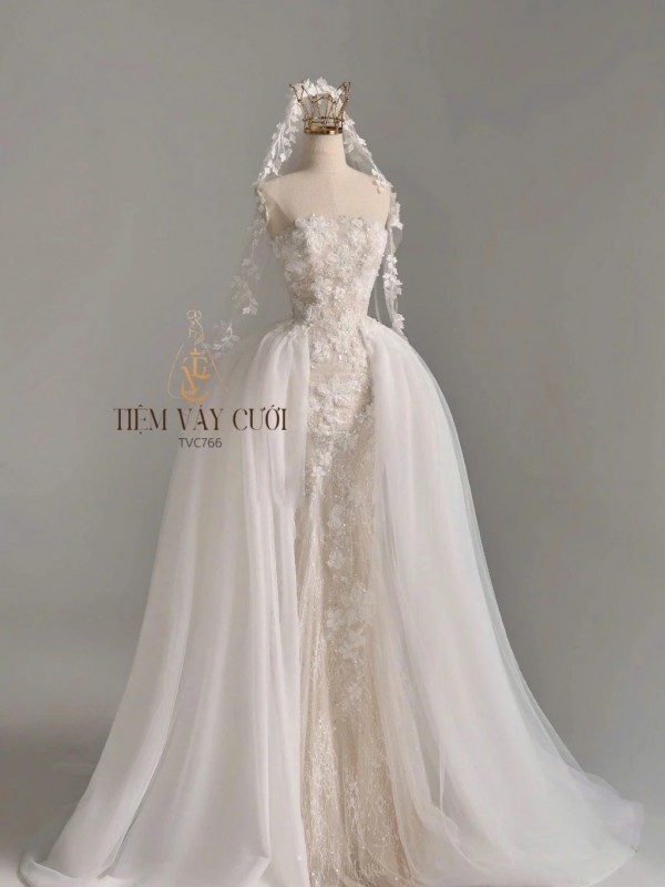 TVC766 Váy Cưới Đi Bàn, Đầm Cưới Đuôi Cá, Cúp Ngực, Xếp Ly