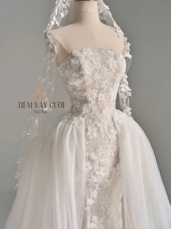TVC766 Váy Cưới Đi Bàn, Đầm Cưới Đuôi Cá, Cúp Ngực, Xếp Ly