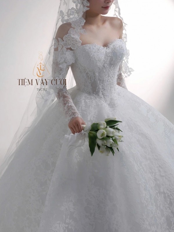 TVC767 Váy Cưới Làm Lễ, Đầm Cưới Đi Tiệc, Cúp Ngực, Dài Tay, Xếp Ly, Cổ Rời