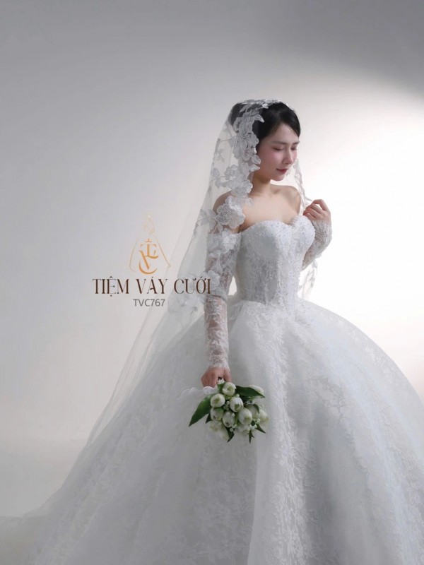 TVC767 Váy Cưới Làm Lễ, Đầm Cưới Đi Tiệc, Cúp Ngực, Dài Tay, Xếp Ly, Cổ Rời