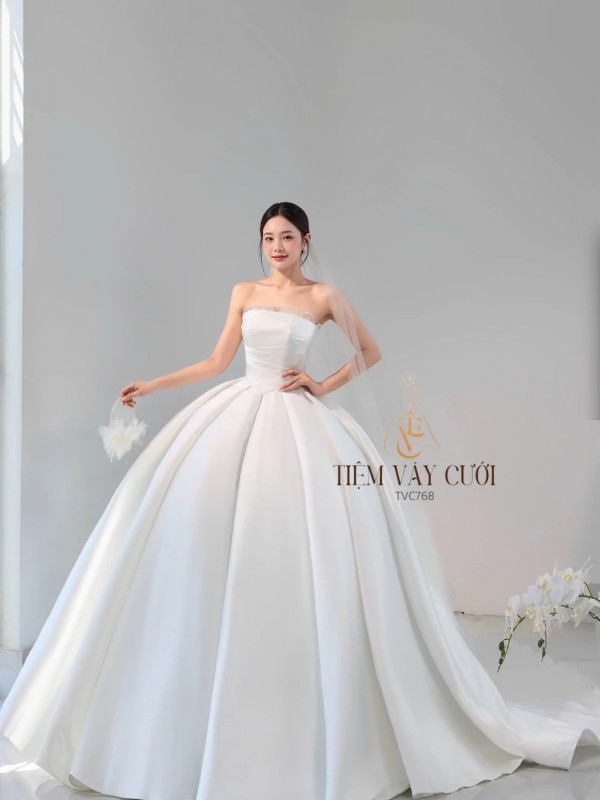 TVC768 Váy Cưới Làm Lễ, Đầm Cưới Đi Tiệc, Cúp Ngực, Tùng Xếp Ly