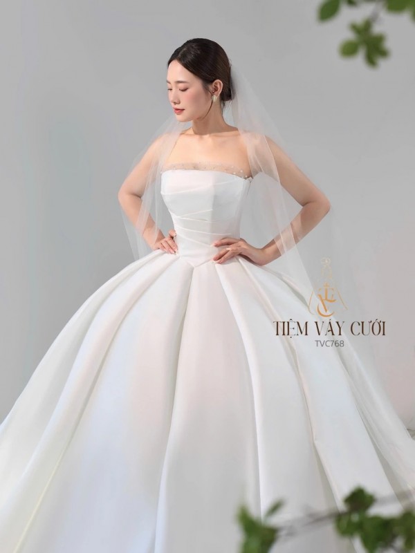 TVC768 Váy Cưới Làm Lễ, Đầm Cưới Đi Tiệc, Cúp Ngực, Tùng Xếp Ly