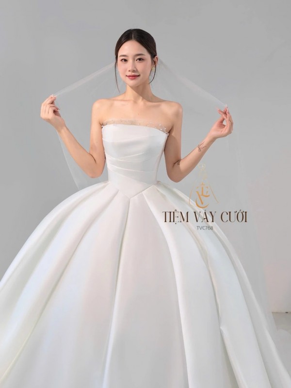 TVC768 Váy Cưới Làm Lễ, Đầm Cưới Đi Tiệc, Cúp Ngực, Tùng Xếp Ly