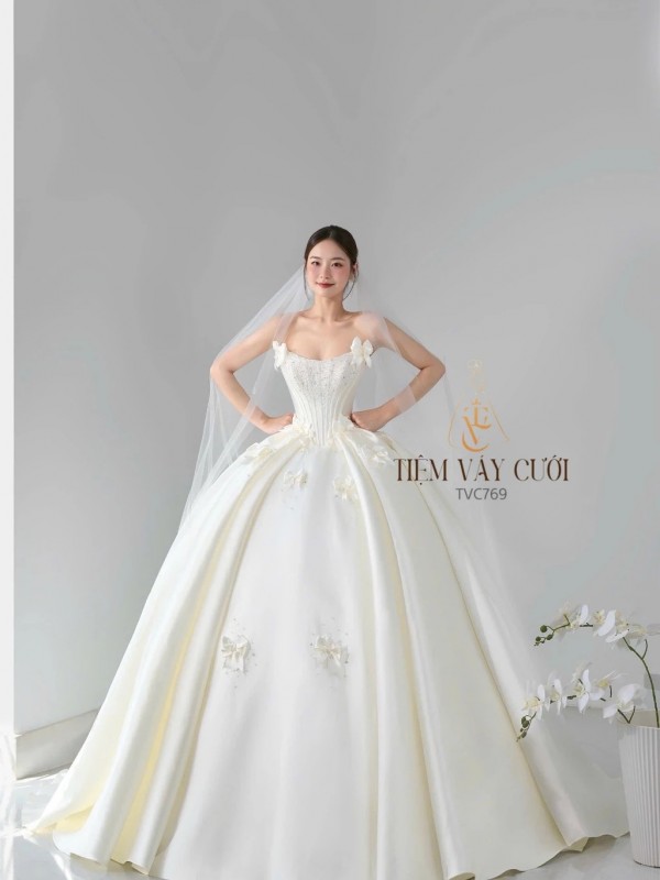 TVC769 Váy Cưới Làm Lễ, Đầm Cưới Đi Tiệc, Nơ 3D, Cúp Ngực