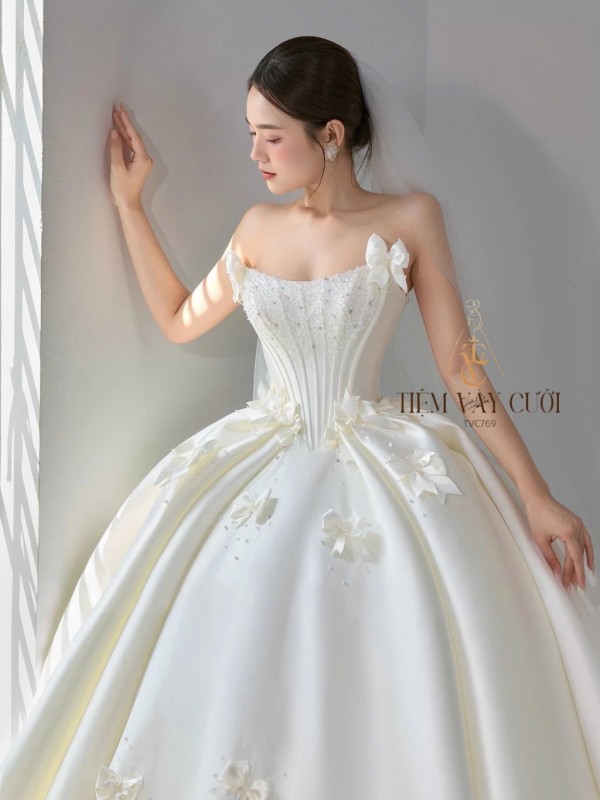 TVC769 Váy Cưới Làm Lễ, Đầm Cưới Đi Tiệc, Nơ 3D, Cúp Ngực