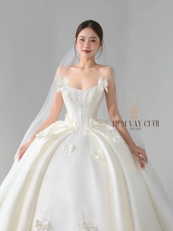 TVC769 Váy Cưới Làm Lễ, Đầm Cưới Đi Tiệc, Nơ 3D, Cúp Ngực