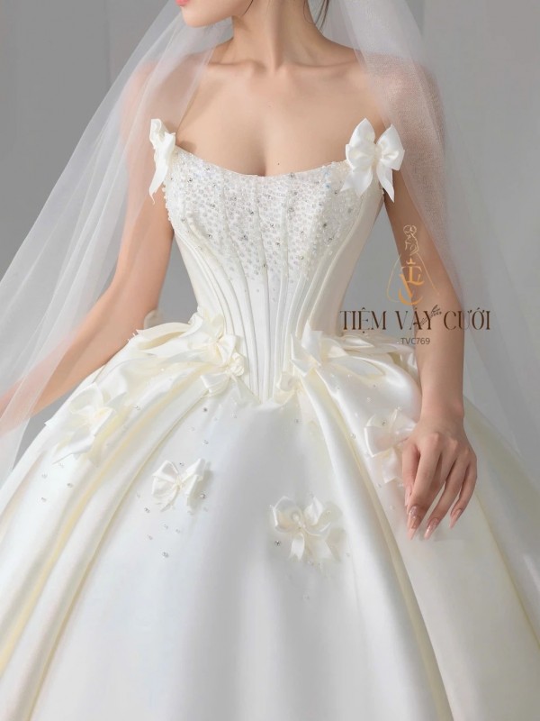 TVC769 Váy Cưới Làm Lễ, Đầm Cưới Đi Tiệc, Nơ 3D, Cúp Ngực