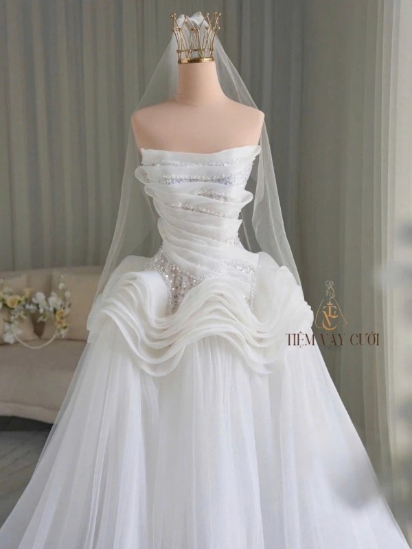 TVC775 Váy Cưới Đi Tiệc, Đầm Cưới Dáng Xuông, Cúp ngực, Đính ngọc