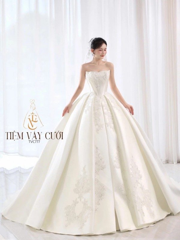 TVC777 Váy Cưới Làm Lễ, Váy Cưới Tiệc Cúp Ngực, Vải Phi Nhật , Váy Thiết Kế