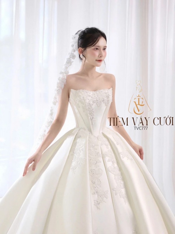 TVC777 Váy Cưới Làm Lễ, Váy Cưới Tiệc Cúp Ngực, Vải Phi Nhật , Váy Thiết Kế