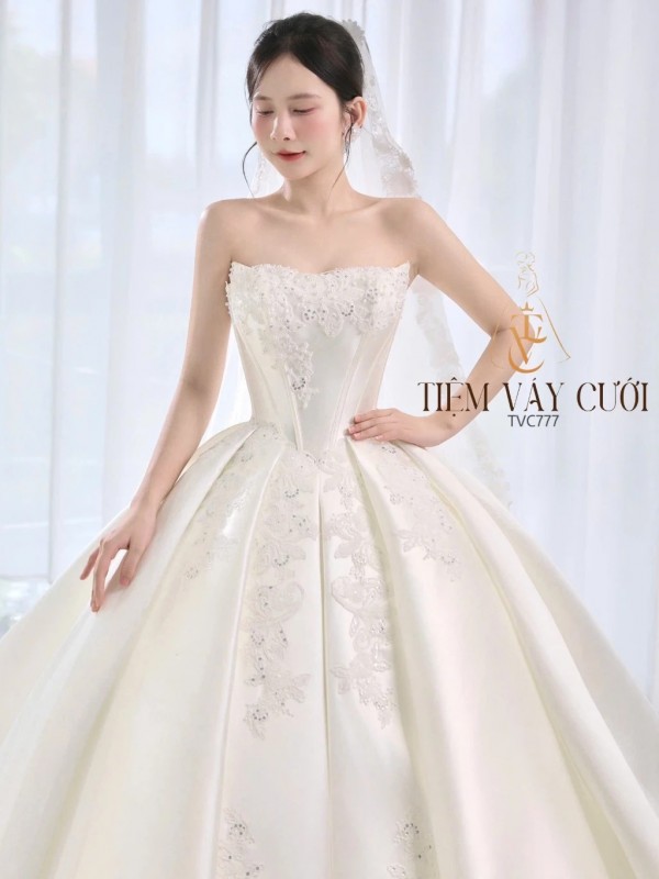 TVC777 Váy Cưới Làm Lễ, Váy Cưới Tiệc Cúp Ngực, Vải Phi Nhật , Váy Thiết Kế