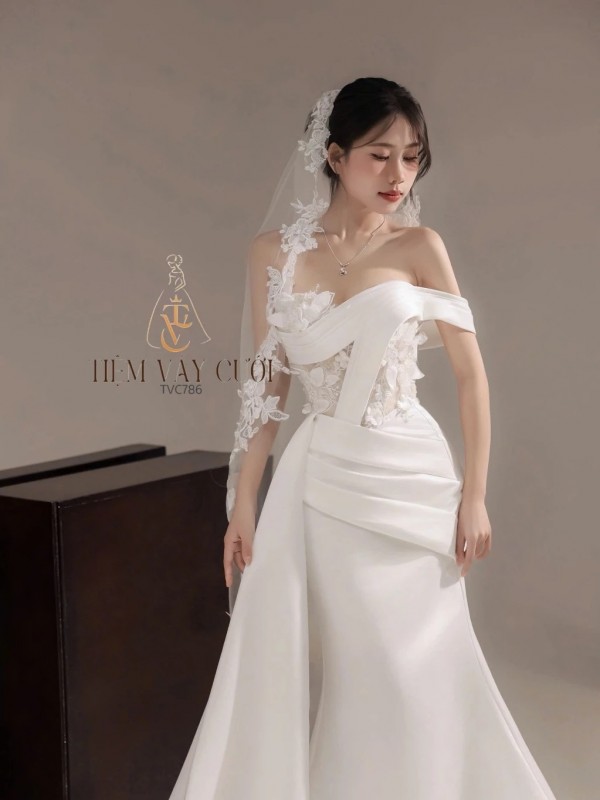 TVC786 Váy Cưới Đi Bàn, Đầm Cưới Đuôi Cá, Tà Lệch, Gọng Corset