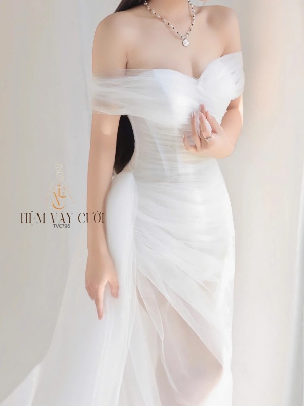 TVC796 Váy Cưới Đi Bàn, Đầm Cưới Đuôi Cá, Voan, Tà Lệch