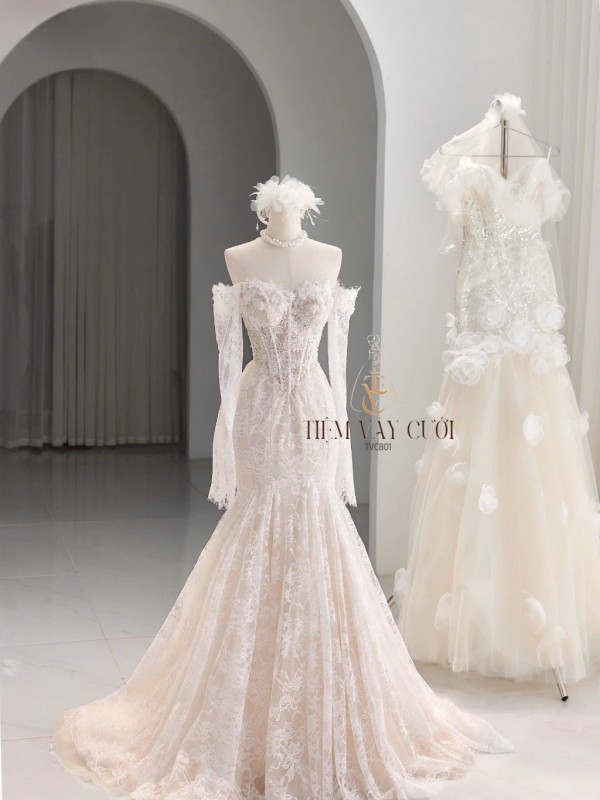 TVC801 Váy Cưới Đi Bàn, Đầm Cưới Đuôi Cá, Cúp Ngực, Dáng Ôm