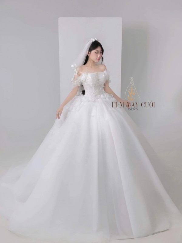 TVC805  Váy Cưới Làm Lễ, Đầm Cưới Đi Tiệc, Voan, Bệt Vai Ngang, Tùng Bồng