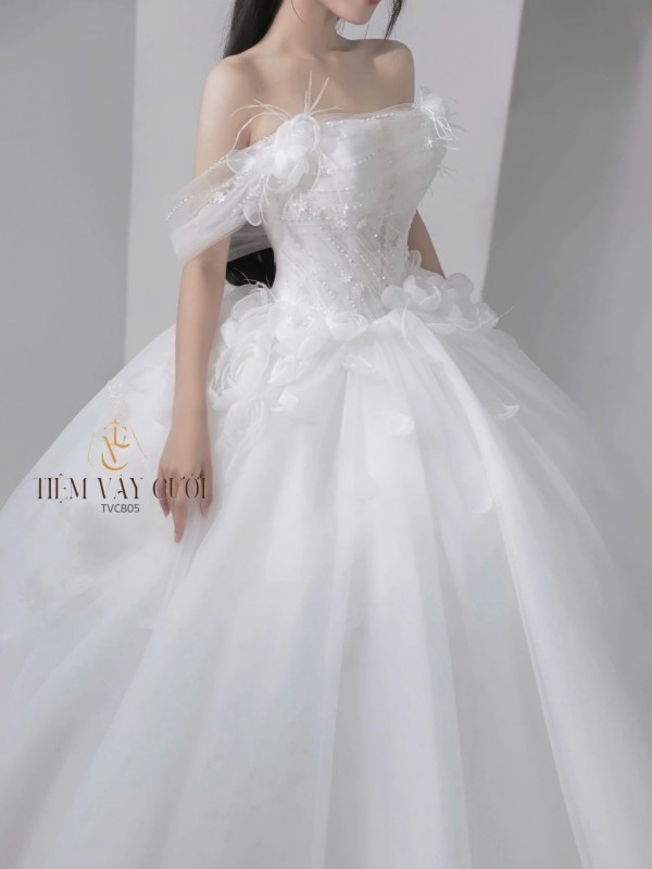 TVC805  Váy Cưới Làm Lễ, Đầm Cưới Đi Tiệc, Voan, Bệt Vai Ngang, Tùng Bồng