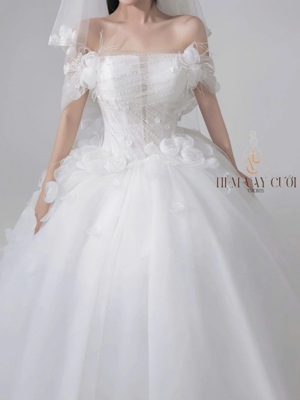 TVC805  Váy Cưới Làm Lễ, Đầm Cưới Đi Tiệc, Voan, Bệt Vai Ngang, Tùng Bồng