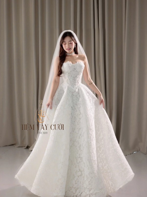 TVC809 Váy Cưới Đi Bàn, Đầm Cưới Dáng Xuông, Cúp Ngực, Hoa 3D