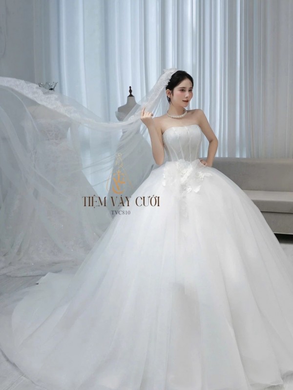 TVC810 Váy Cưới Làm Lễ, Đầm Cưới Tiệc, Cúp Ngực, Hoa 3D