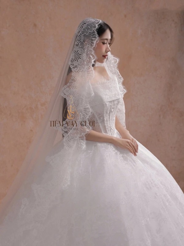 TVC811 Váy Cưới Làm Lễ, Đầm Cưới Đi Tiệc, Bệt Vai Ngang, Xếp Ly, Tùng Bồng