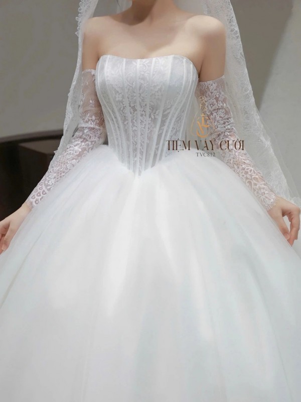 TVC812 Váy Cưới Làm Lễ, Đầm Cưới Đi Tiệc, Bệt Vai Ngang, Ren, Tùng Bồng