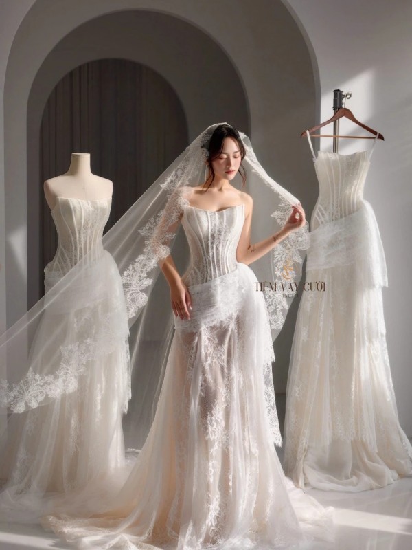 TVC813 Váy Cưới Đi Bàn, Đầm Cưới Đuôi Cá, Ren , Tà Lệch