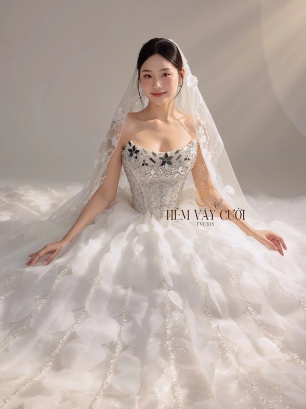 TVC819 Váy Cưới Làm Lễ, Váy Cưới Tiệc Cúp Ngực, Vải Phi Nhật, Ren, Váy Thiết Kế