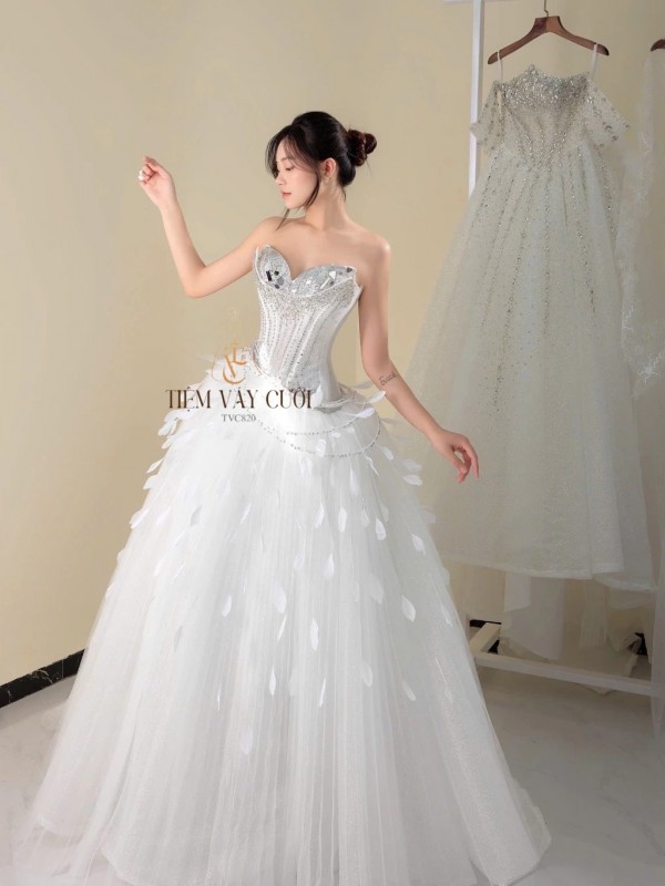 TVC820 Váy Cưới Làm Lễ, Đầm Cưới Thiết Kế, Cúp Ngực, Đính Đá