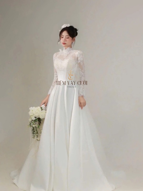 TVC821 Váy Cưới Đi Bàn, Đầm Cưới Dáng Xuông, Hoa 3D