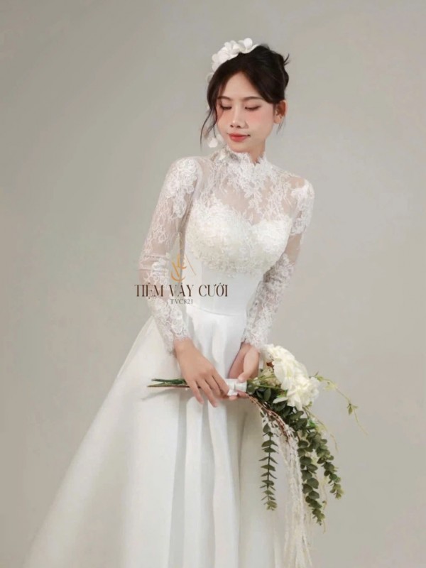 TVC821 Váy Cưới Đi Bàn, Đầm Cưới Dáng Xuông, Hoa 3D