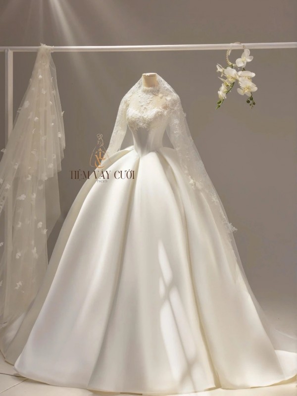 TVC823 Váy Cưới Làm Lễ, Đầm Cưới Dài Tay, Cổ Đá Rời, Tùng Bồng