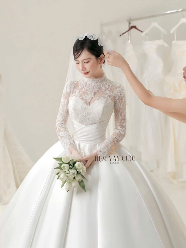 TVC826 Váy Cưới Dáng Xoè Bồng Bềnh, Ren Lưới Trắng, Tặng Tùng Voan Mút Ngực, Đầm Cưới Dài Tay Vai Bồng