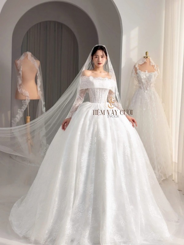 TVC828 Váy Cưới Làm Lễ, Đầm Cưới Đi Tiệc, Cúp Ngực, Tùng Bồng, Xếp Ly