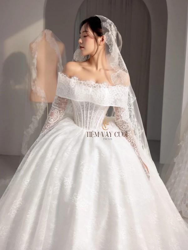 TVC828 Váy Cưới Làm Lễ, Đầm Cưới Đi Tiệc, Cúp Ngực, Tùng Bồng, Xếp Ly