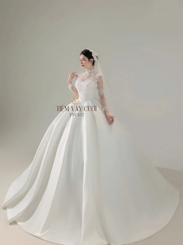 TVC832 Váy Cưới Làm Lễ, Đầm Cưới Đi Tiệc, Dài Tay Phối Vải Ren Lưới Hoa, Cổ Ren