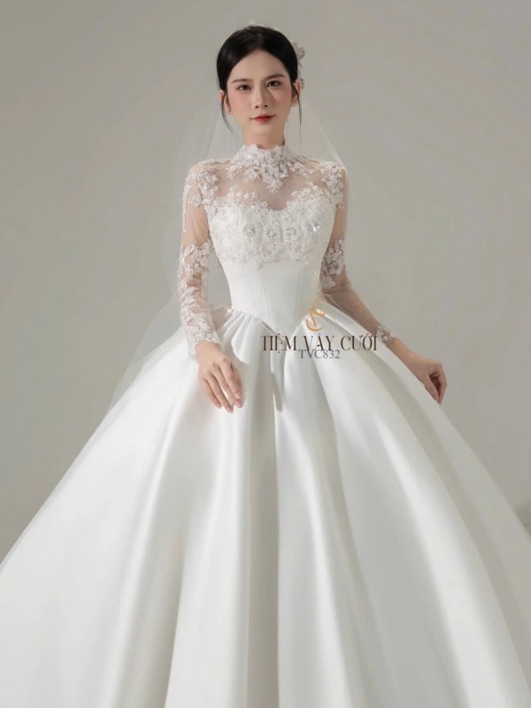 TVC832 Váy Cưới Làm Lễ, Đầm Cưới Đi Tiệc, Dài Tay Phối Vải Ren Lưới Hoa, Cổ Ren