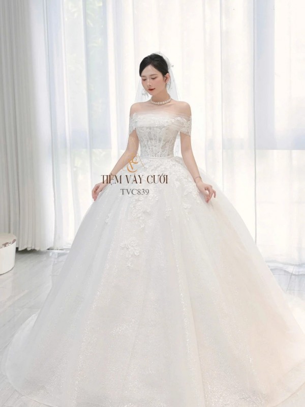 TVC839 Váy Cưới Làm Lễ, Đầm Cưới Lông Vũ, Cúp Ngực, Dáng Xoè