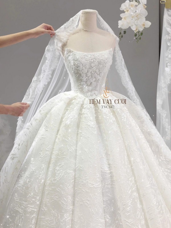 TVC842 Váy Cưới Làm Lễ, Đầm Cưới Dáng Xoè Bồng Bềnh, Dài Tay, Cúp Ngực, Đính Đá