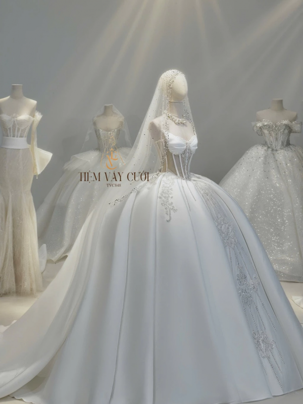 TVC848 Váy Cưới Làm Lễ, Váy Cưới Cô Dâu, Đầm Cưới Đi Tiệc, Gọng Corset, Cúp Ngực, Phi, Xếp Ly, Tùng Bồng